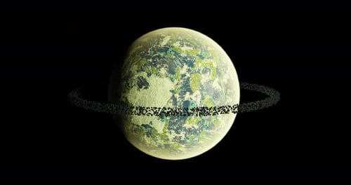 Planète verte et bleue de science-fiction entourée d'un astéroïde