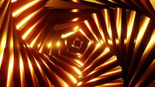Tunnel with twisted gold art deco lines shimmers with bright reflections 3d render. Movement