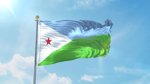 Djibouti Flag Waving In Realistic Blue Sky