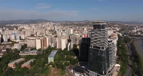 Beautiful Drone Shot Above Old Tbilisi Apartment Buildings, City Skyline