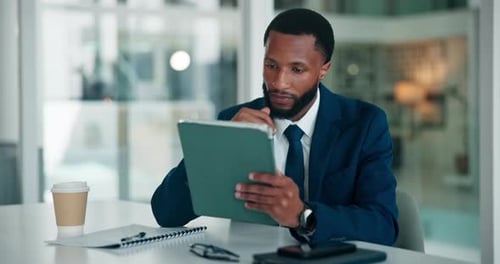 Report, tablet and black man in office with research for corporate finance with budget planning