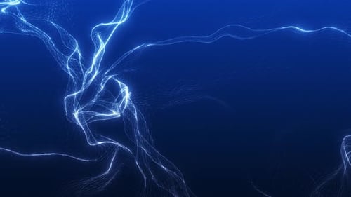 Abstract glowing wave from of particles and dots moves on a blue background, big data visualization,