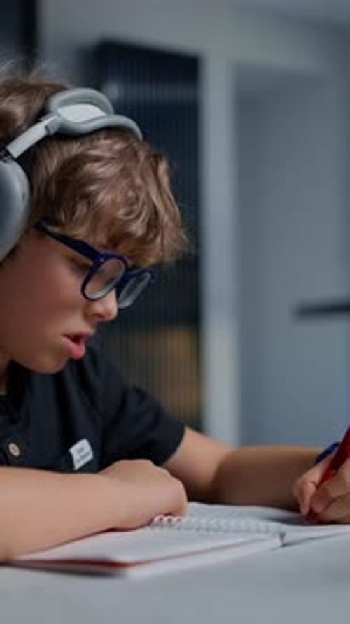 Young Boy Wearing Glasses and Headphones Focused on Writing in a Notebook with a Pen While Sitting