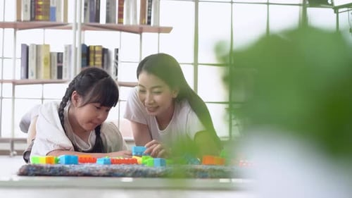 Woman and Girl Playing with Blocks on Floor