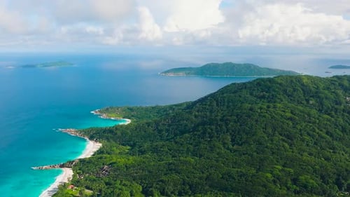 Green Hills Meeting the Blue Ocean with Scattered Islands Seychelles La Digue