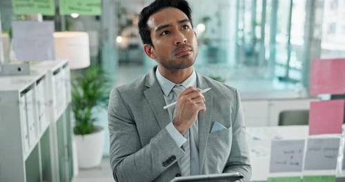 Tablet, strategy and thinking with business man in office for planning or problem solving on window