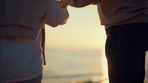 Romantic Couple Holding Hands at Sunset on Beach