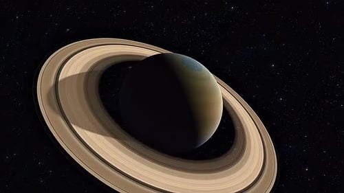 3D Planet with Rings Slowly Rotating in Distant Starry Space