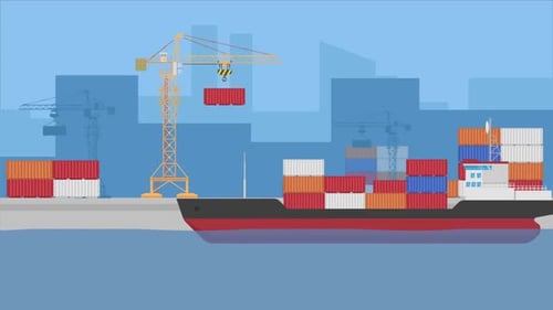 Cargo Ship Loading Containers at Port Flat Design Animation