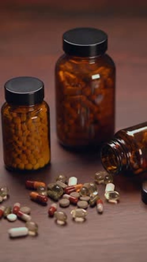 Collection of Various Vitamins and Supplements Displayed in Glass Jars on a Wooden Table
