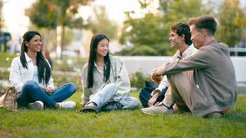 Diverse Group of Young Friends Talking and Laughing Together in a Park
