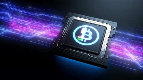 elektronisch Geld, das Bitcoin-Zeichen erscheint auf dem Deckel des Prozessors.