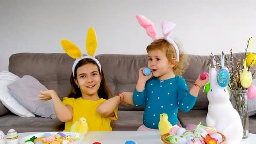 Easter Table Eggs and Decor and Children