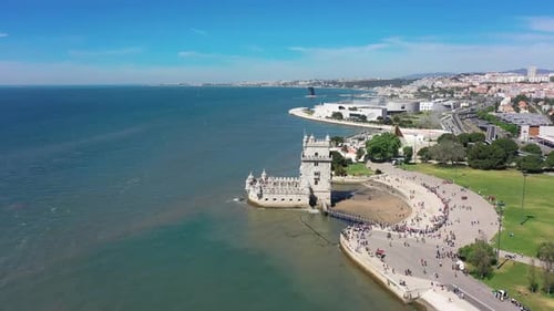 Aerial video of Belem Tower in Lisbon, Portugal