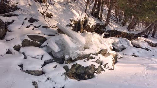 Wiedergefrorene Eisformationen in der Natur nach dem Auftauen und erneuten Einfrieren