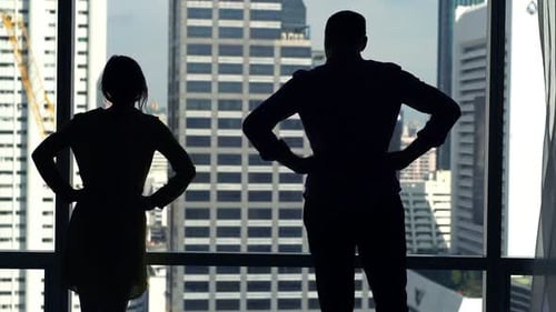 Silhouette of Couple Admire View From Window at Home, Super