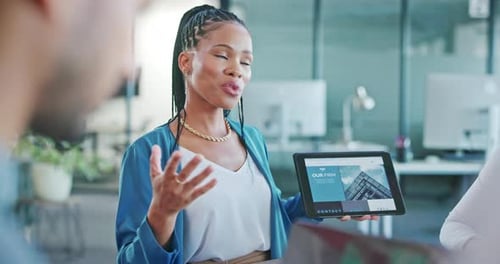 Presentation, planning or black woman on tablet for company website, internet