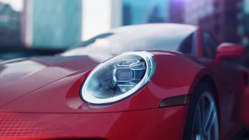 Red Car front in an urban environment. Animation of camera movement along the car with a scanning e