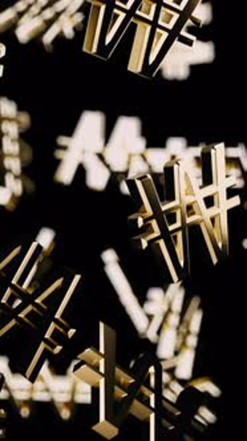 Vertical Endlessly Falling Gold Won Symbol on a Black Background