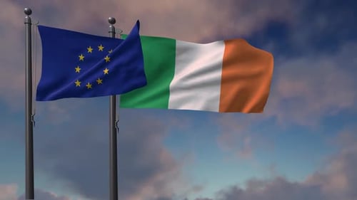 Bandera de Irlanda ondeando junto con la bandera de la Unión Europea - 2K