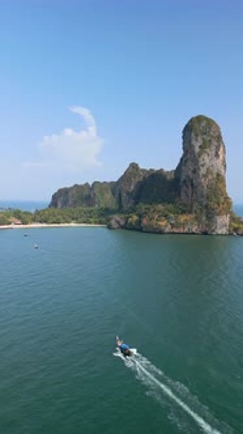 Aerial View of Thai Boat And Railay Beach Krabi Thailand
