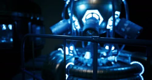 High Tech Futuristic Machine in a Dark Room with Glowing Blue Lights