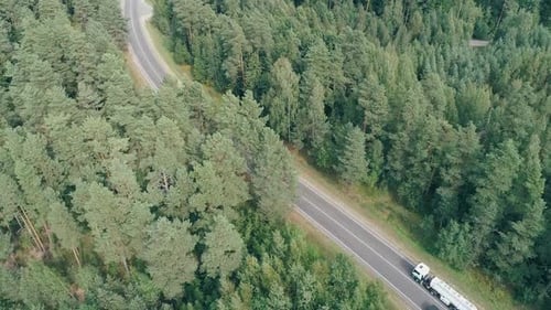 Logistics Aerial View Cars and Truck Driving Along the Road Near Forest View From Height
