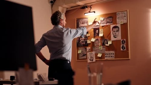 Detective's Office Middleaged Investigator in Shirt and Tie Studies Evidence in Search of the