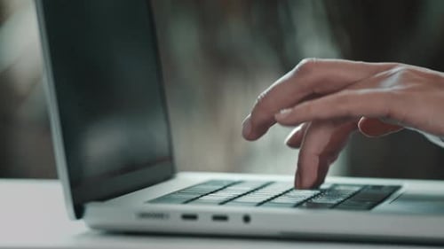 Typing on Keyboard Close Up Hands Working Laptop