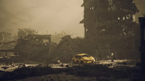 Post-Apocalyptic Ruined Cityscape with Destroyed Buildings and Wrecked Car