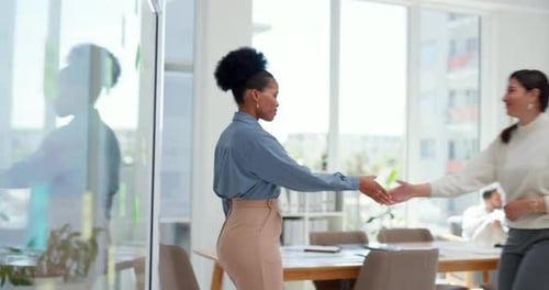 Handshake, office welcome and business women for meeting collaboration, b2b partnership and deal