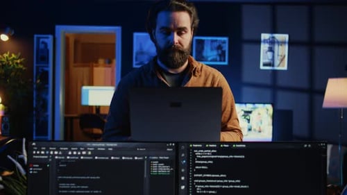 Portrait of Smiling Developer Writing Complex Binary Code Scripts on Laptop