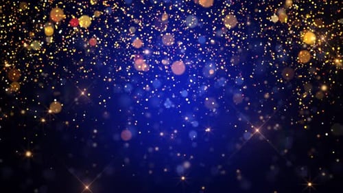 Elegant Golden Glitter Particles on Blue Bokeh Background