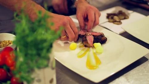 Chef Plating Gourmet Dish in Restaurant Kitchen