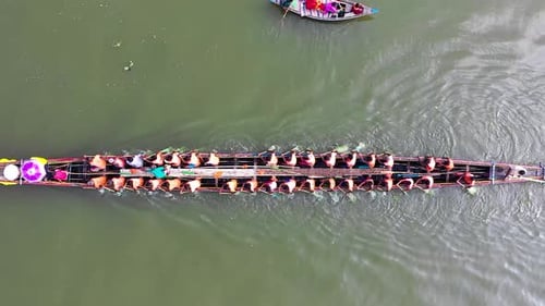 Aerial view of dragon boat racing, Bangladesh.