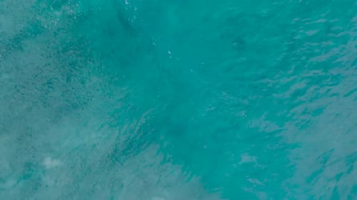 Top Down Slow Motion Drone View of turquoise clear water and crashing waves over shallow coral reef