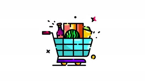 Animated Flat Design Shopping Cart with Groceries Icon