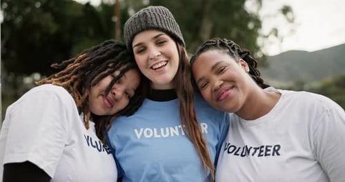 Face, volunteer and group smile in nature for sustainability, earth day or ecology in forest
