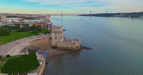 Aerial View of Belem Tower in Lisbon Medieval Building Touristic Landmark Lisbon Portugal