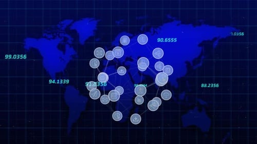 Animation of globe with icons and numbers changing over world map