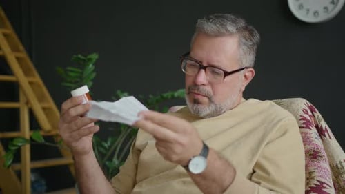 Man Reading Medicine Information at Home