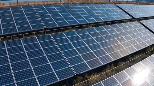 Sunlight green electricity production. Solar panel cells on energy power farm.