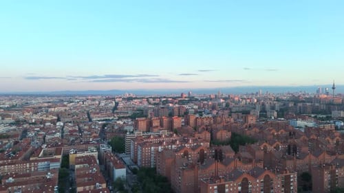 Panoramic Aerial View of Madrid Residential District at Sunrise