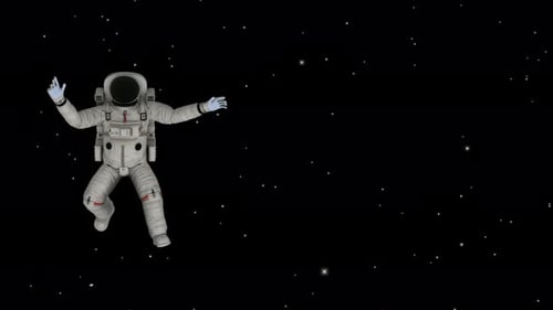 Glücklicher Astronaut beim Laufen im Weltraum. Hintergrund, Universum, Sterne