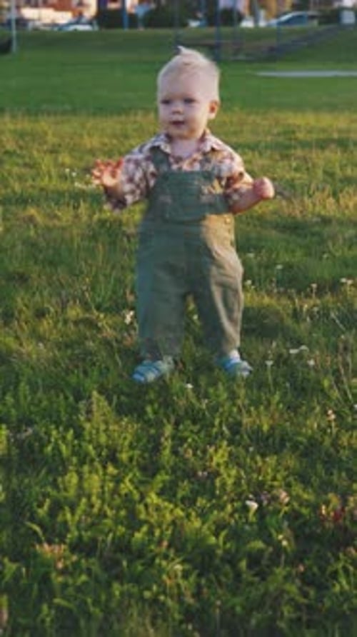 First Steps of a Cute Baby Boy Child Development Walking Skills a Boy Learns to Walk Cheerful Cute