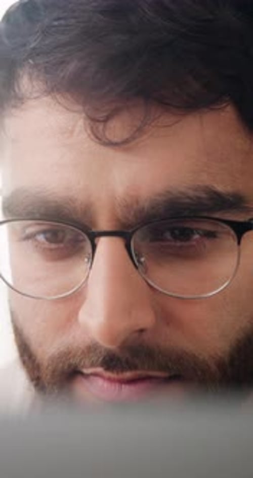 Programming, glasses and businessman with computer in office, software development