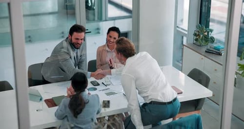 Business, people and meeting with handshake in office for partnership, agreement and finance deal