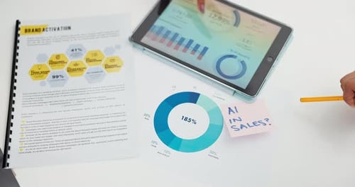Hands, tablet and screen of statistics for planning, analysis and research of sales