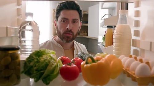 Point of View POV Inside Refrigerator Caucasian Man Husband Guy Male Homeowner Chef Open Fridge Full
