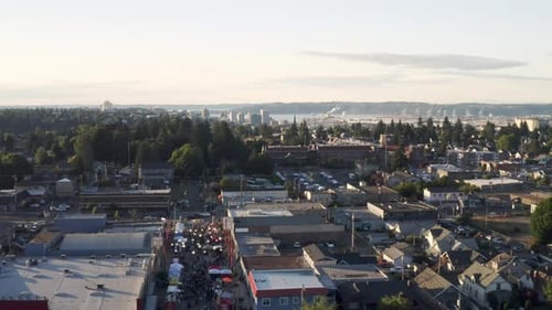 Street Food And Music Festival At Lincoln District In Tacoma, Washington - Aerial Drone Shot